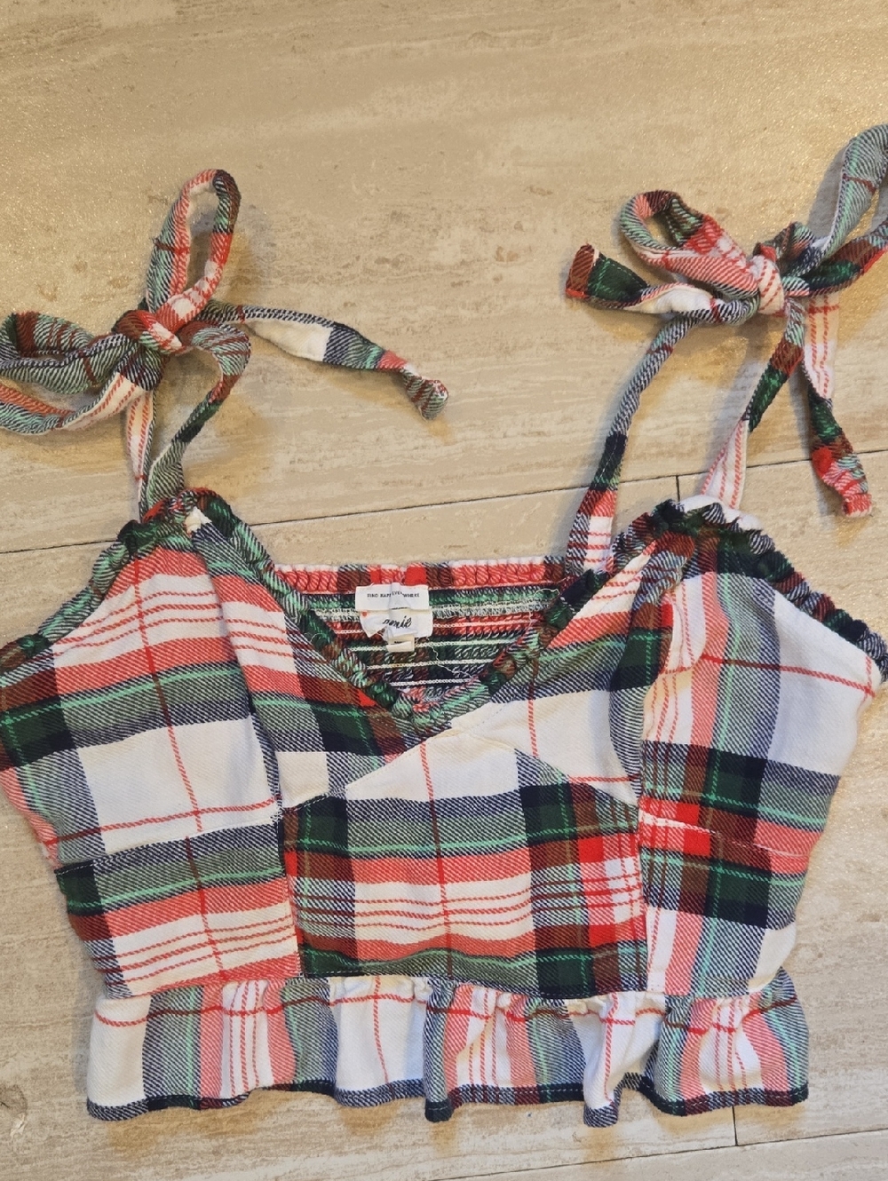 Aerie Multi-Color Plaid Shoulder Tie Ruffle Crop Top
